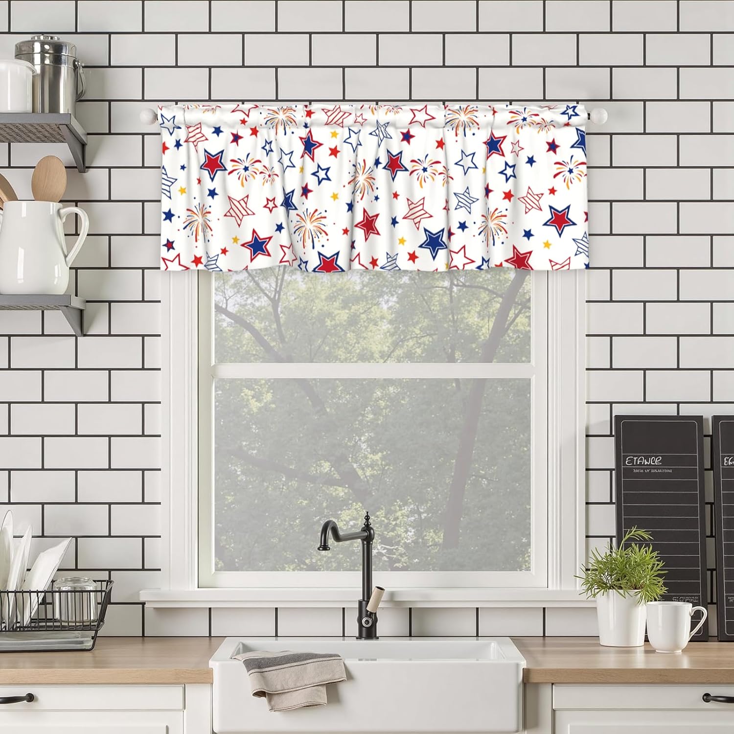 Red White and Blue Stars Patriotic Valance for Kitchen 4th of July Curtain Valances Windows Treatment Independence Day Firework Short Curtains 54x18 Inch Home Decor Bedroom Living Room image 5