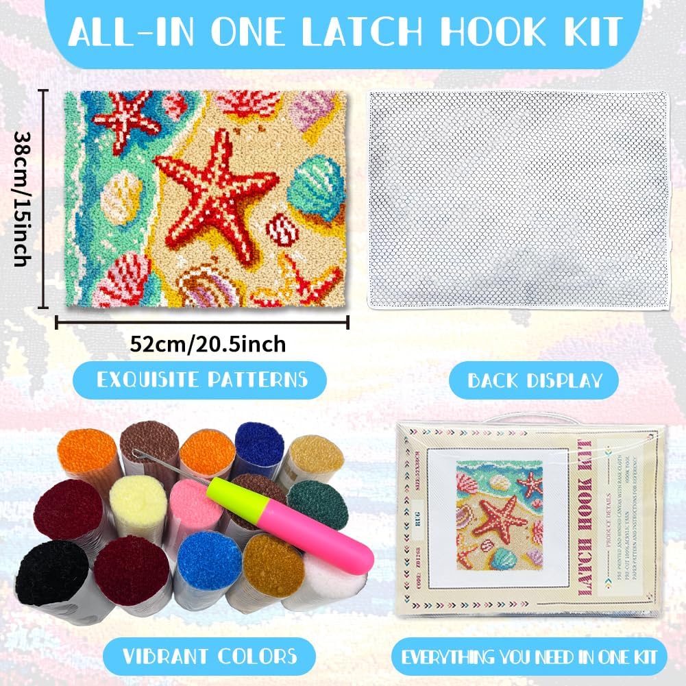 ORIGACH Beach Sea Shells Starfish Latch Hook Rug Kits, Color Stamped Grid Cloth Handmade Rug, Pattern Printed Carpet Kit, DIY Crochet Rug for Adults Home Decoration Festival Gifts 52 x 38 cm