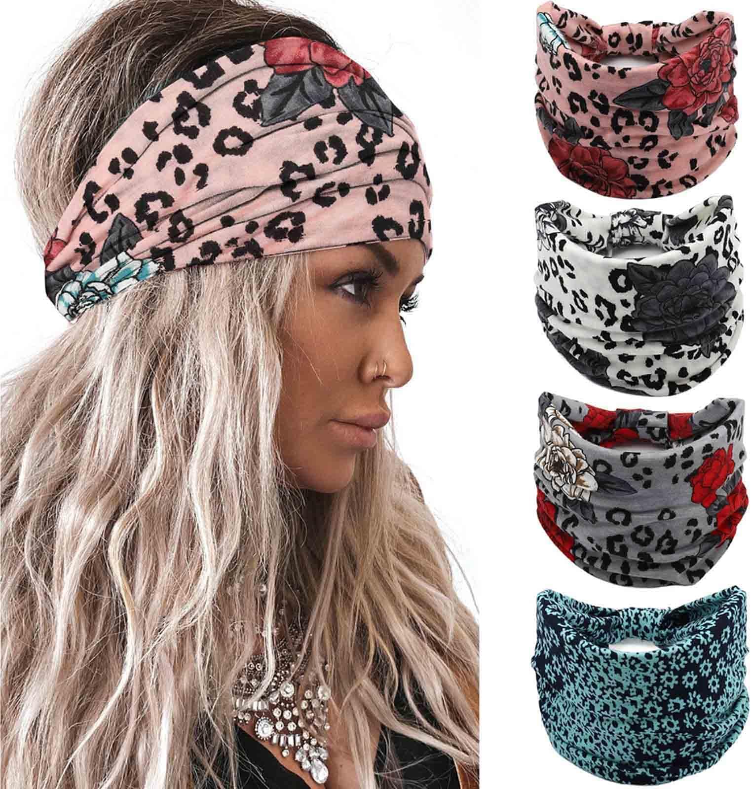 Acenail Wide Headbands Knotted Turban Headband Elastic Non Slip Hairbands Floral Workout Head Bands Yoga Hair Scarfs Boho Head Wraps Fashion Hair Accessories for Women 4Pcs(Gorgeous)