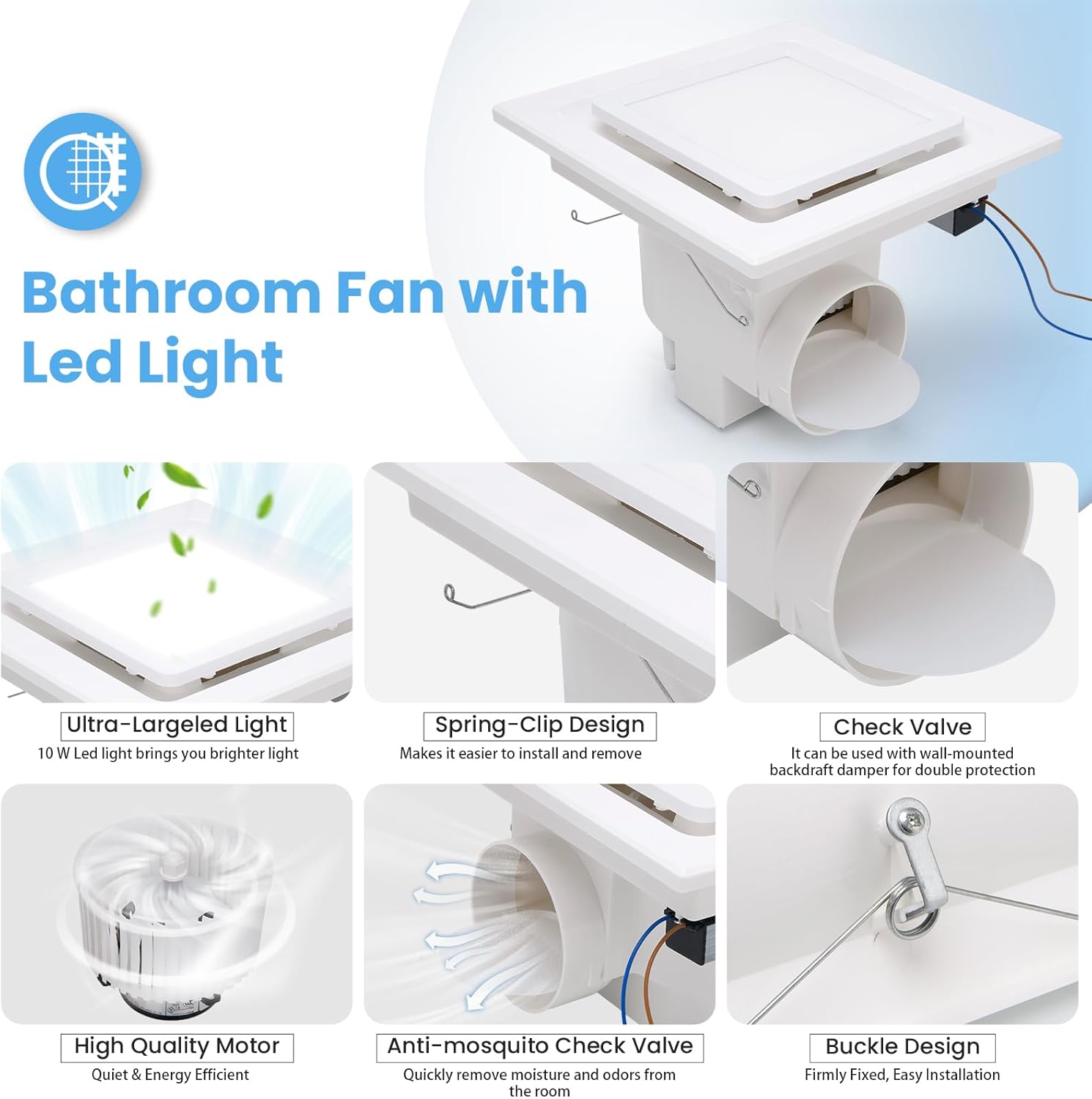 Bathroom Exhaust Fan, Bathroom Vent Fan with Light, 110 CFM 1.0 Sones 4 Inch Duct, Quiet Square Shower Exhaust Fan with Light