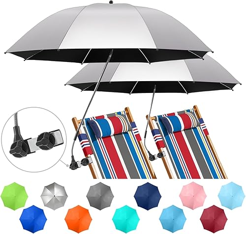 Miniatura 12 de Paquete de 2 paraguas de playa con abrazadera, paraguas ajustable de 360° para silla, paraguas UPF50+ para silla de playa, silla de patio, silla de