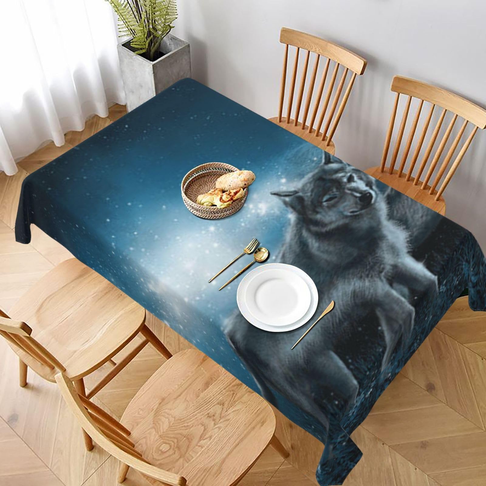 BNVSADC Wolf in the Moonlight Printed Rectangle Tablecloth 228x152 CM, Water Resistant Polyester Table Cloth Decorative Fabric Table Covers for Kitchen Dining Table Parties Camping