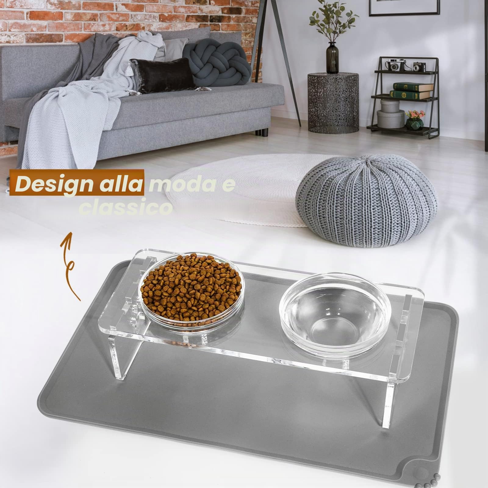 Set di ciotole rialzate per cani e gatti, supporto per mangiatoia in acrilico con 2 set di ciotole rimovibili in acciaio inossidabile e vetro per cibo e acqua, per piccoli animali domestici, 9,5 cm