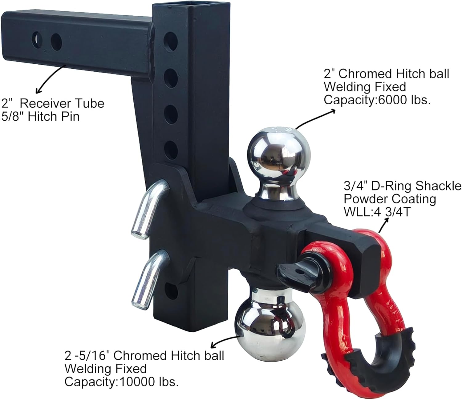 Adjustable Trailer Hitch with 2 inch Receiver, 7 inch Drop/Rise Tow Hitch with D Ring Shackle for Trucks, 2 & 2-5/16 Inch Dual Balls 6000 lbs/10000 lbs, Matte Black and Chromed Balls - Image 3