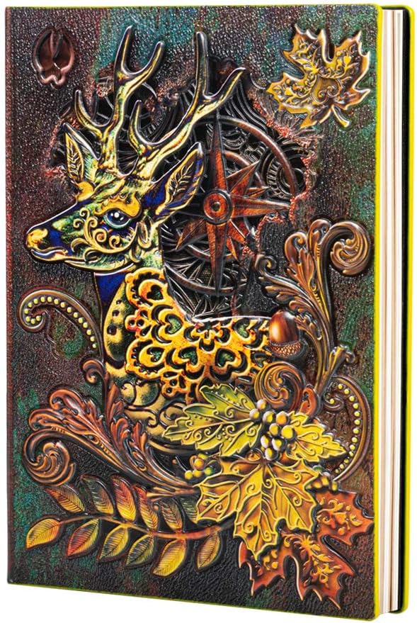 Molshine A5 (5.5" x 8.3") Embossed Vintage Notebook,Retro Leather Bronze Diary, 100 Sheets Lined Writing Paper,Hardcover Travel Notepad Sketchbook for Collection,Gift,Decoration Desktop (Elk)