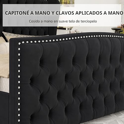 Miniatura 6 de AMERLIFE Armazón de Cama de Plataforma Tamaño King, Cama Tapizada en Terciopelo con Botones Profundos Acolchados y Ribete de Clavos Cabecera