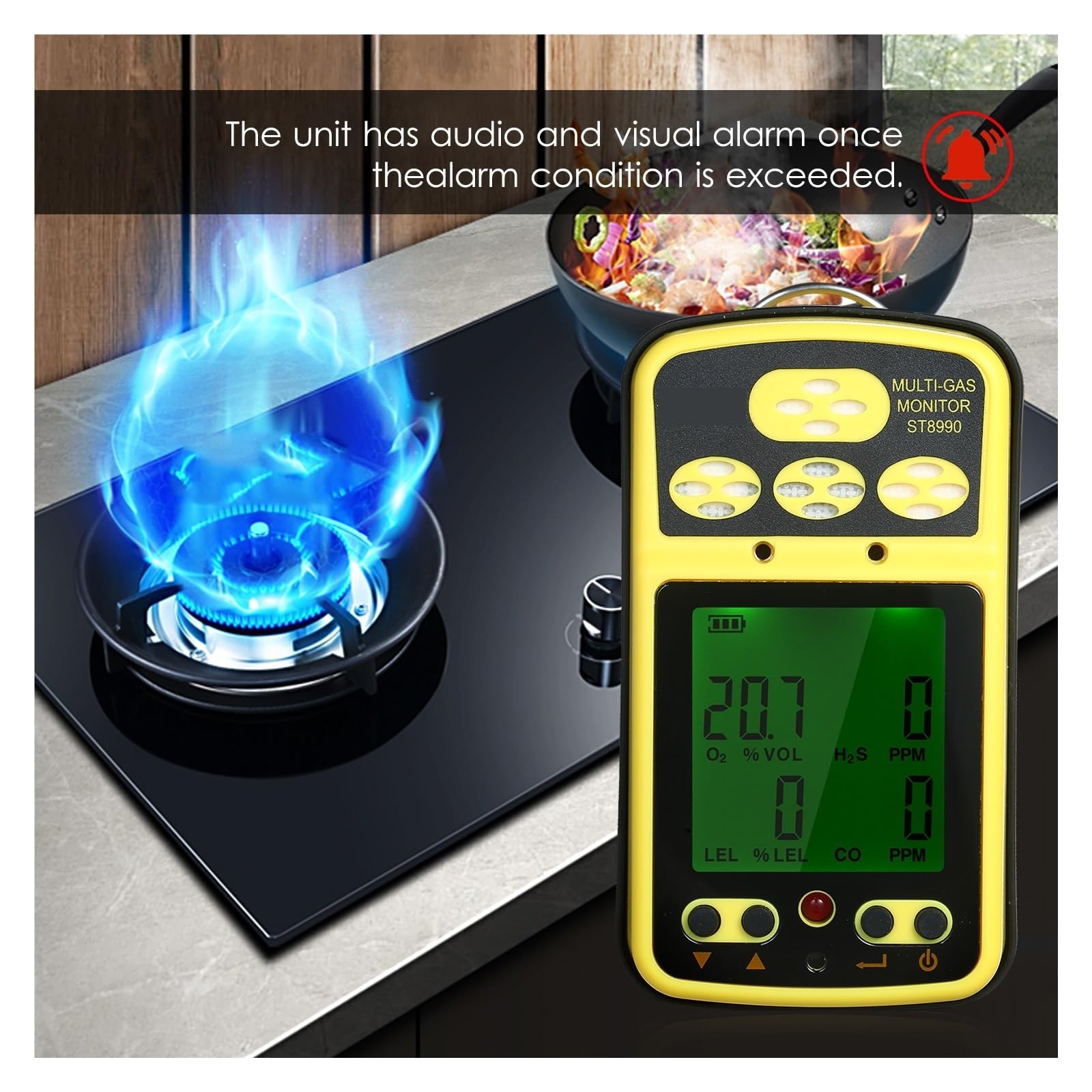 Detector de Gas 4 en 1 O₂ LEL CO H₂S, comprobador de Sensor, Monitor multigas con función de Alarma retroiluminada y Pantalla LCD