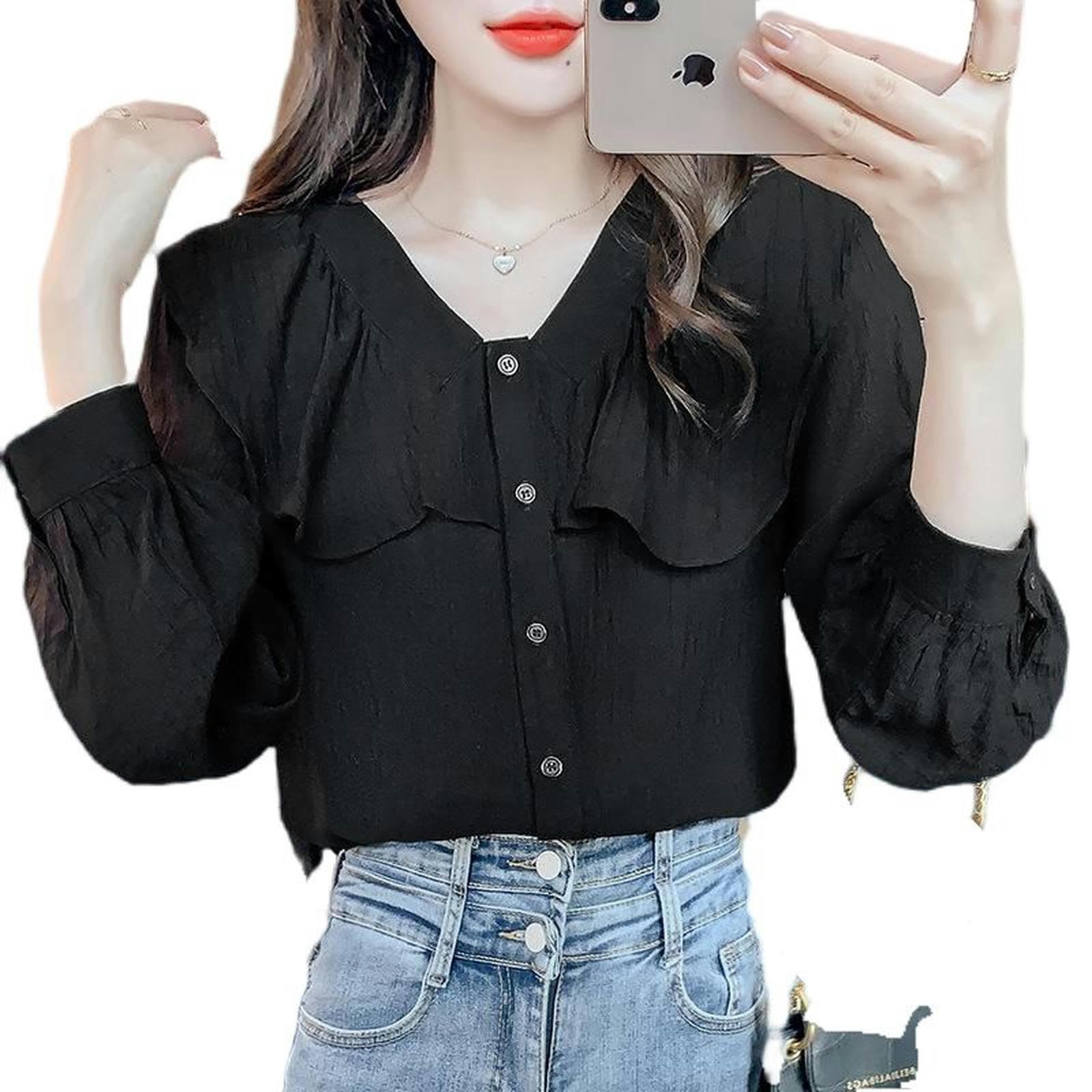 Camisa con Volantes Camisa de Moda con Cuello en V de Manga Larga para Mujer Top Elegante de Primavera Que Reduce la Edad-Negro-S