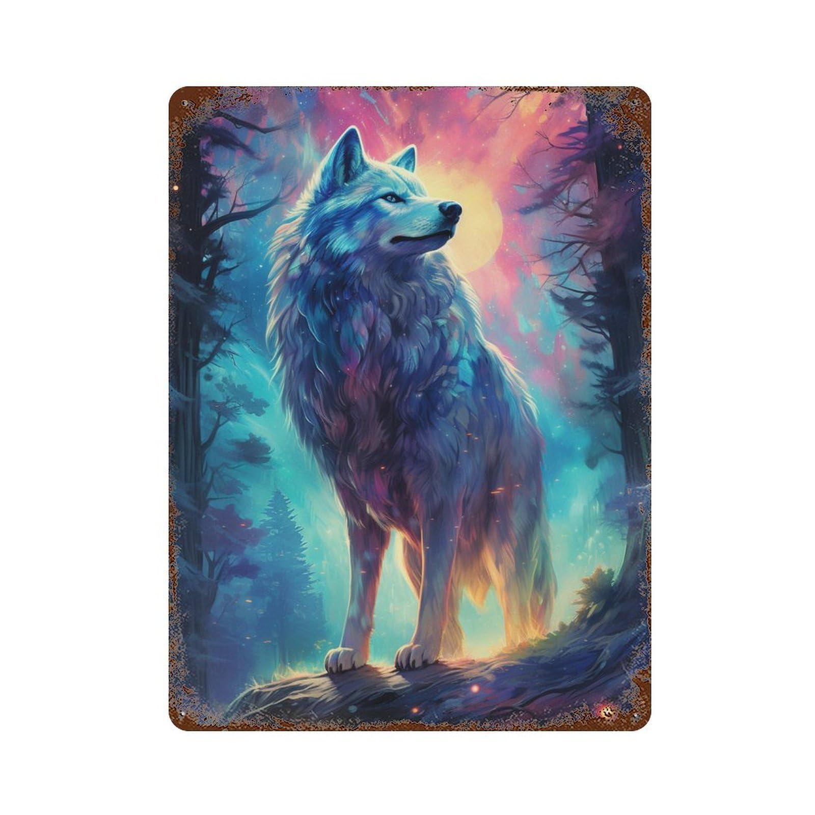 Enchanted Wolf Forest Art Print Vintage Metal Tin Sign 15.7"x11.8", Ideal for Living Room, Hallway And Home Decor