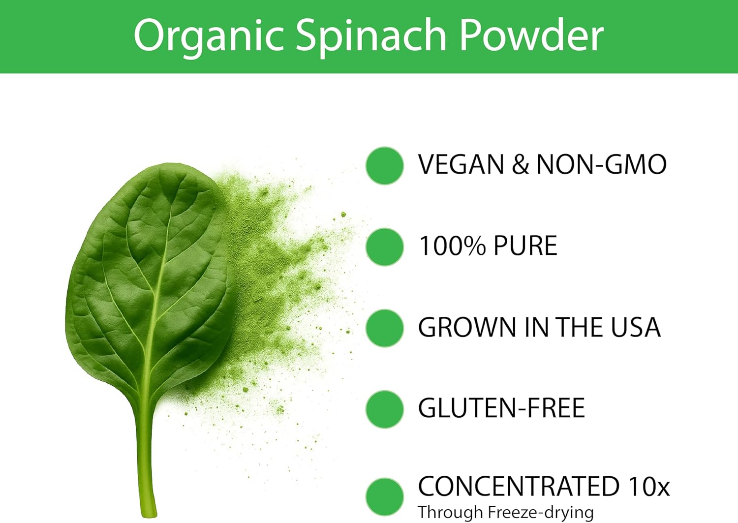 KOYAH - Organic Spinach Powder (Equivalent to 30 Cups Fresh): Freeze-Dried, Whole-Leaf Powder