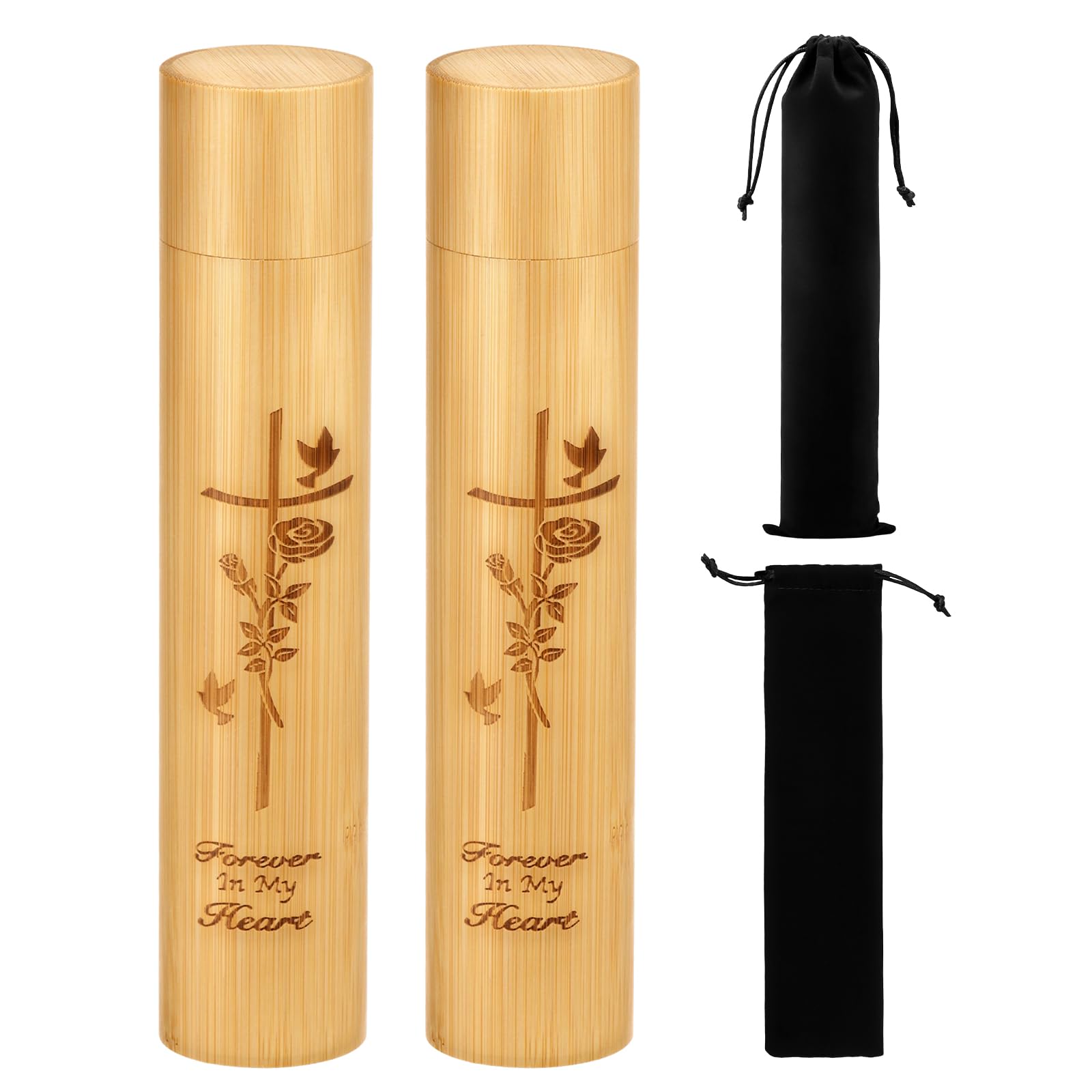 Small Bamboo Scattering Urns for Human & Pet Ashes 9-Inch Biodegradable Cremation Tubes Keepsake with 2 Velvet Pouches, Engraved Rose Cross & Remembrance Memorial Gift Set(Rose Cross)