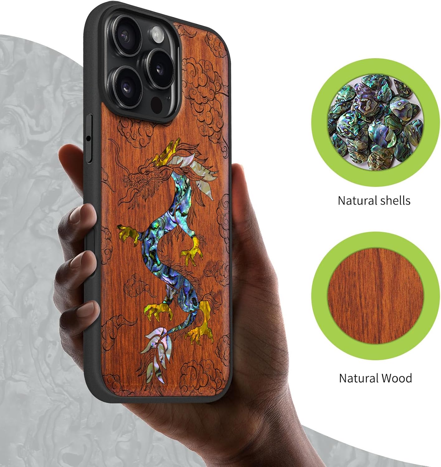 Carveit Magnetic Case for iPhone 16 Pro Max Case, Wood Artisan Engraved & Handmade Shell Inlaid, TPU Shockproof Cover, Compatible with MagSafe Wireless Chargers (The Dragon's Ascent-Rosy)