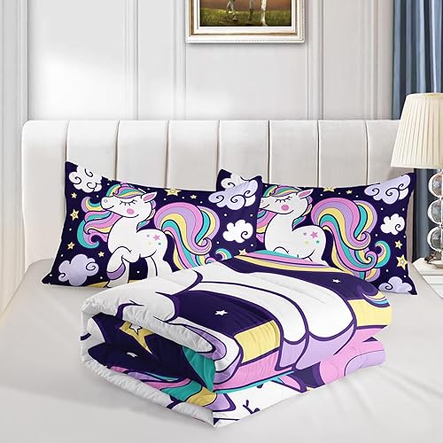 Miniatura 4 de Juego de ropa de cama de unicornio tamaño matrimonial para niñas para todas las estaciones, juego de edredón de 3 piezas de microfibra suave, juego