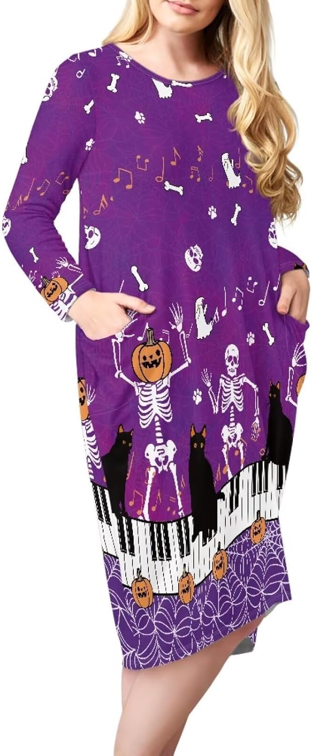 Nightdress Sleepwear for Women Night Shirts Sleepwear Long Sleeve Pajamas Dress Loose Nightgowns with Pockets