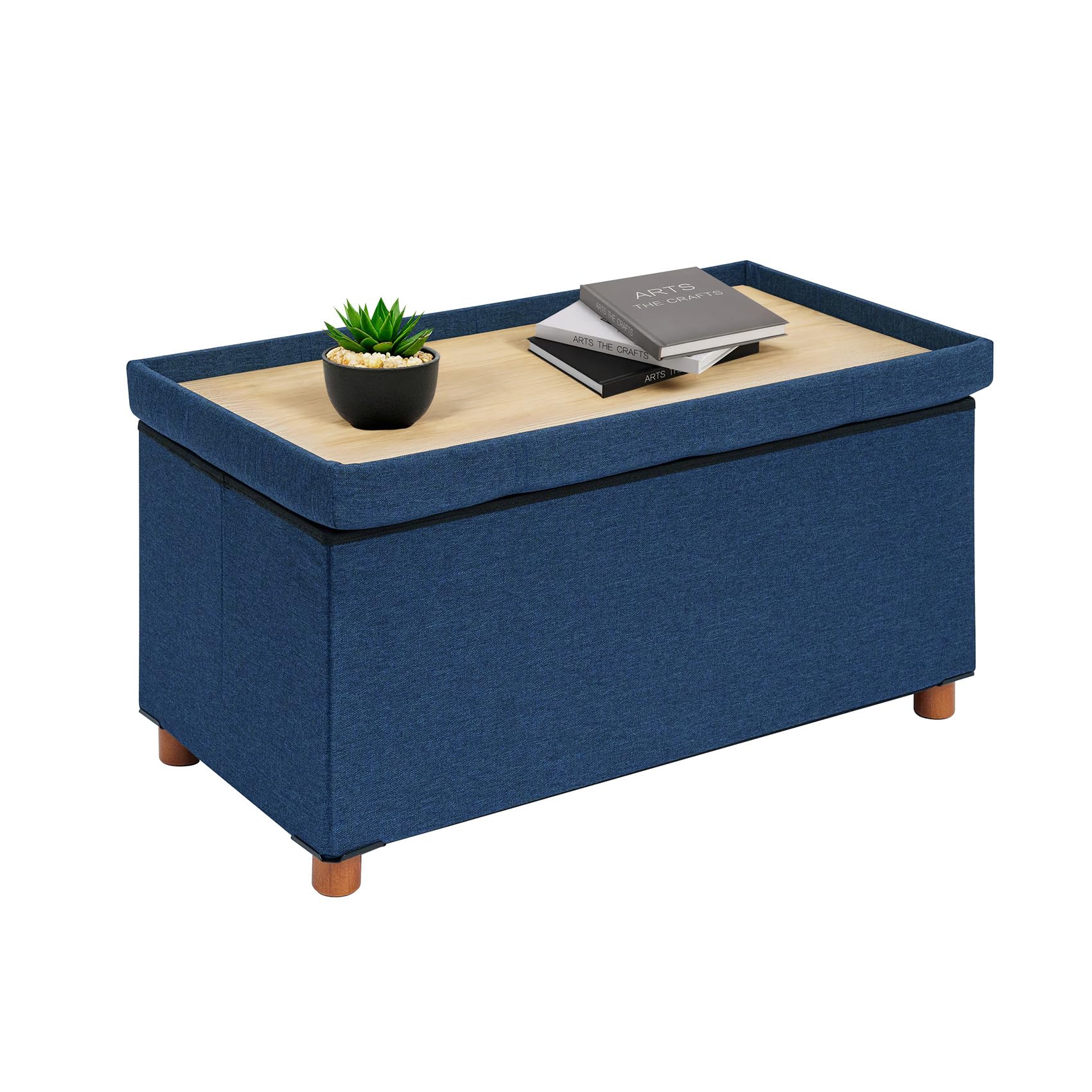 Bonlife Footstool for Living Room,Blue Ottoman Storage Box with Tray,Folding Ottoman Coffee Table with Storag,76x38x38cm