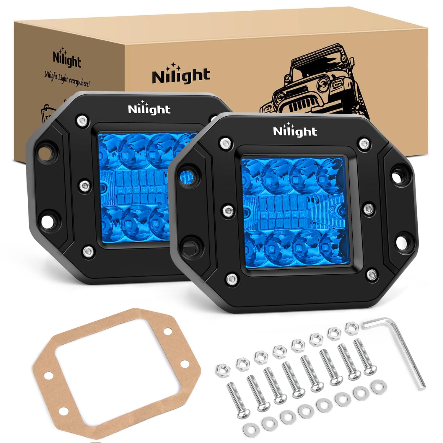 Nilight Flush Mount LED Light Pods 2 PCS 42 W Blue Upgraded Spot Flood Combo Bumper Driving Fog Fishing Hunting Emergency Safety Signal Lighting for