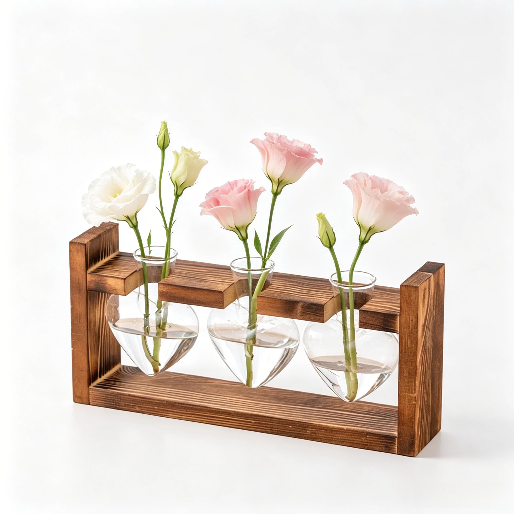 RARITYLL Heart-Shaped Glass Bulb Vase Set with Wooden Stand, 3-Piece Clear Plant Propagation Station, Hydroponic Terrarium Kit, 27.6x13x5.7cm, for Indoor Plant Decor, Tabletop, Desk Centerpiece
