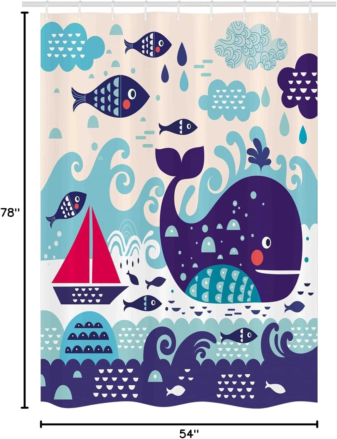 Ambesonne Purple Stall Shower Curtain, Marine Traffic with Whale Sailboat and Fish with Cloud and Waves Nautical Life Print, Fabric Bathroom Decor Set with Hooks, 54" W x 78" L, Purple