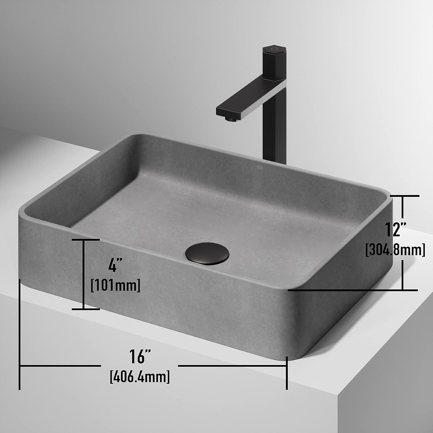 VIGO Segovia Gothic 16"L x 12"W x 4"H Over the Counter Concrete Rectangular Vessel Bathroom Sink in Gray -VG04064