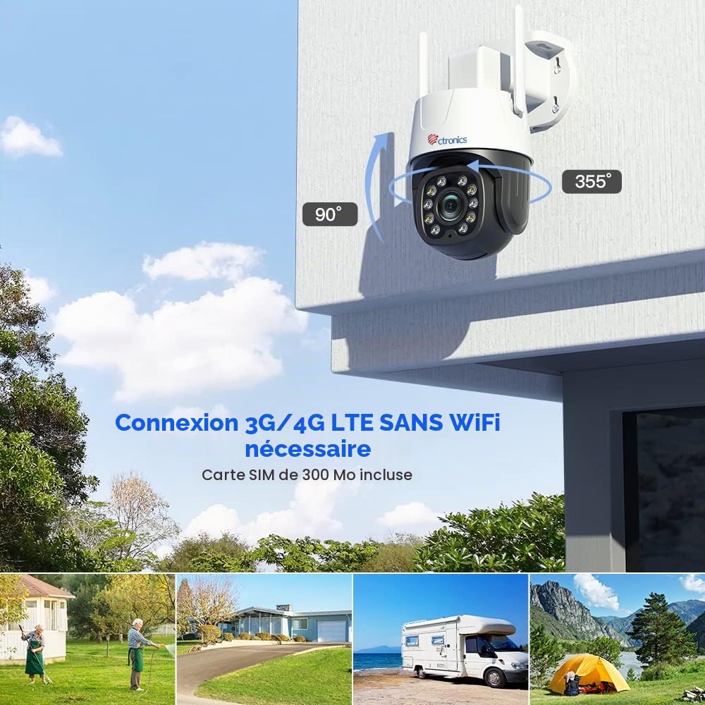 Ctronics 3G/4G LTE Caméra Surveillance Extérieure PTZ Caméra IP avec Carte SIM Incluse 355° 90° Rotation Vision Nocturne Couleur Détection Humaine Suivi Automatique Audio Bidirectionnel IP66