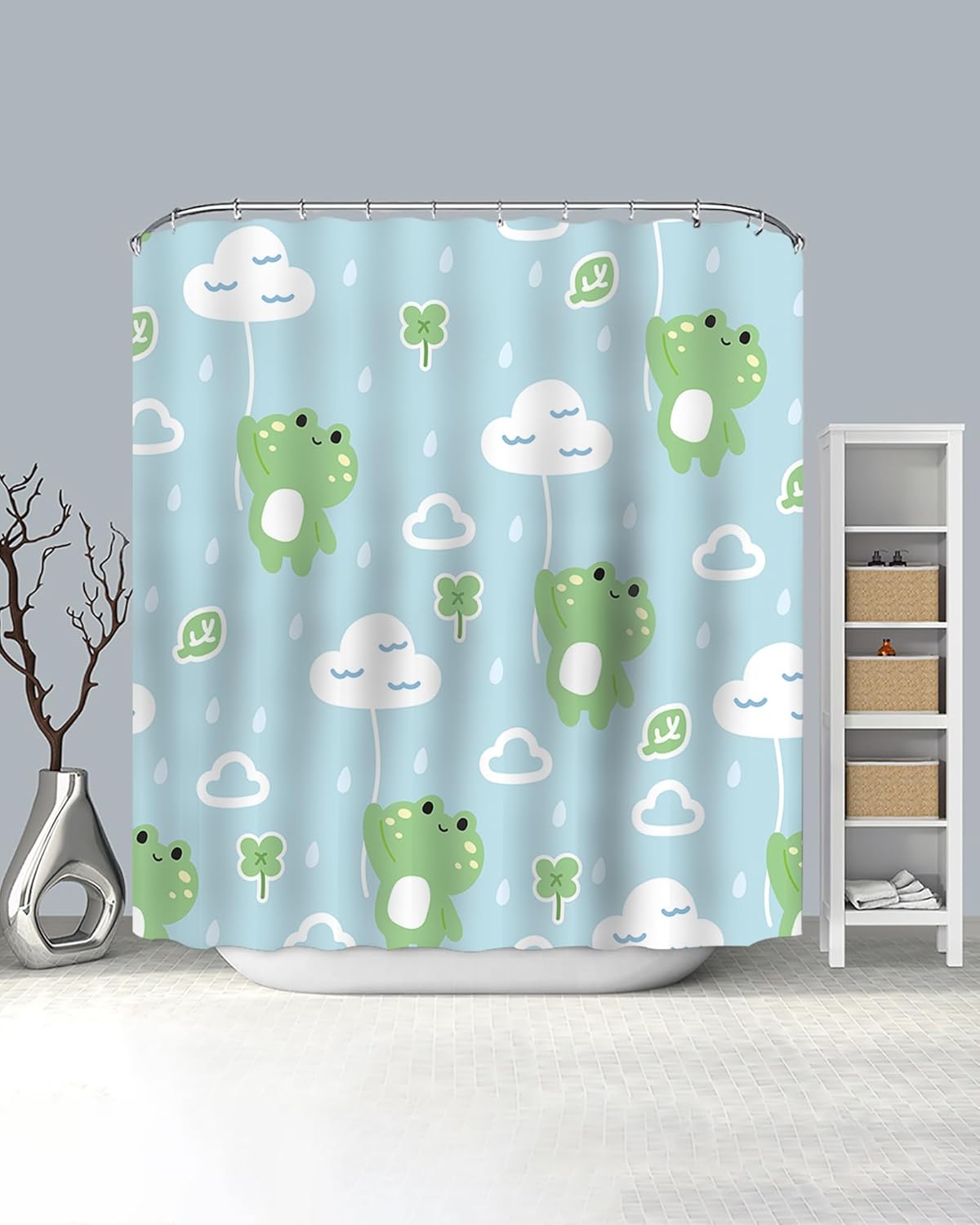 Lindameler Frog Shower Curtain for Kids Childern Blue Funny Cartoon Shower Curtain Set Waterproof Fabric Bathroom Curtain with 12 Hooks 72x72 Inches(Cute Frog)