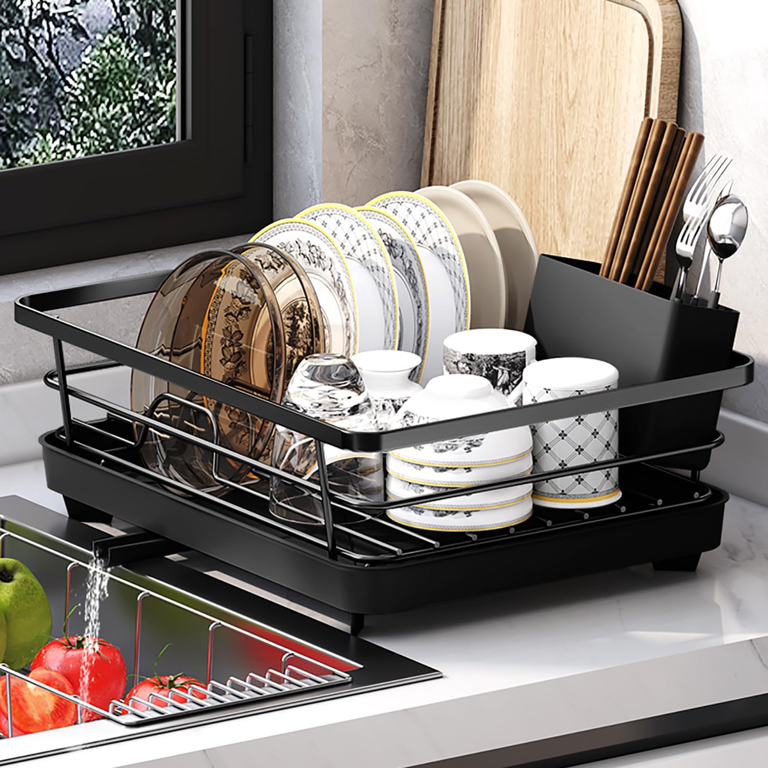 Holxeli Dish Drying Rack, Dish Racks for Kitchen Counter, Large Capacity Dish Drainers with Cutlery Holder, Kitchen Organizer for Dishes, Spoons and