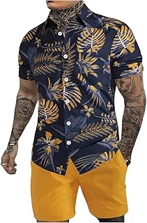 GORGLITTER Men's Cruise Rave Vacation Matching Outfits 2 Piece Short Sets | Mens Summer Beach Outfits, 2 Piece Shorts Set, Couples Travel Outfits, Hawaiian Shirts