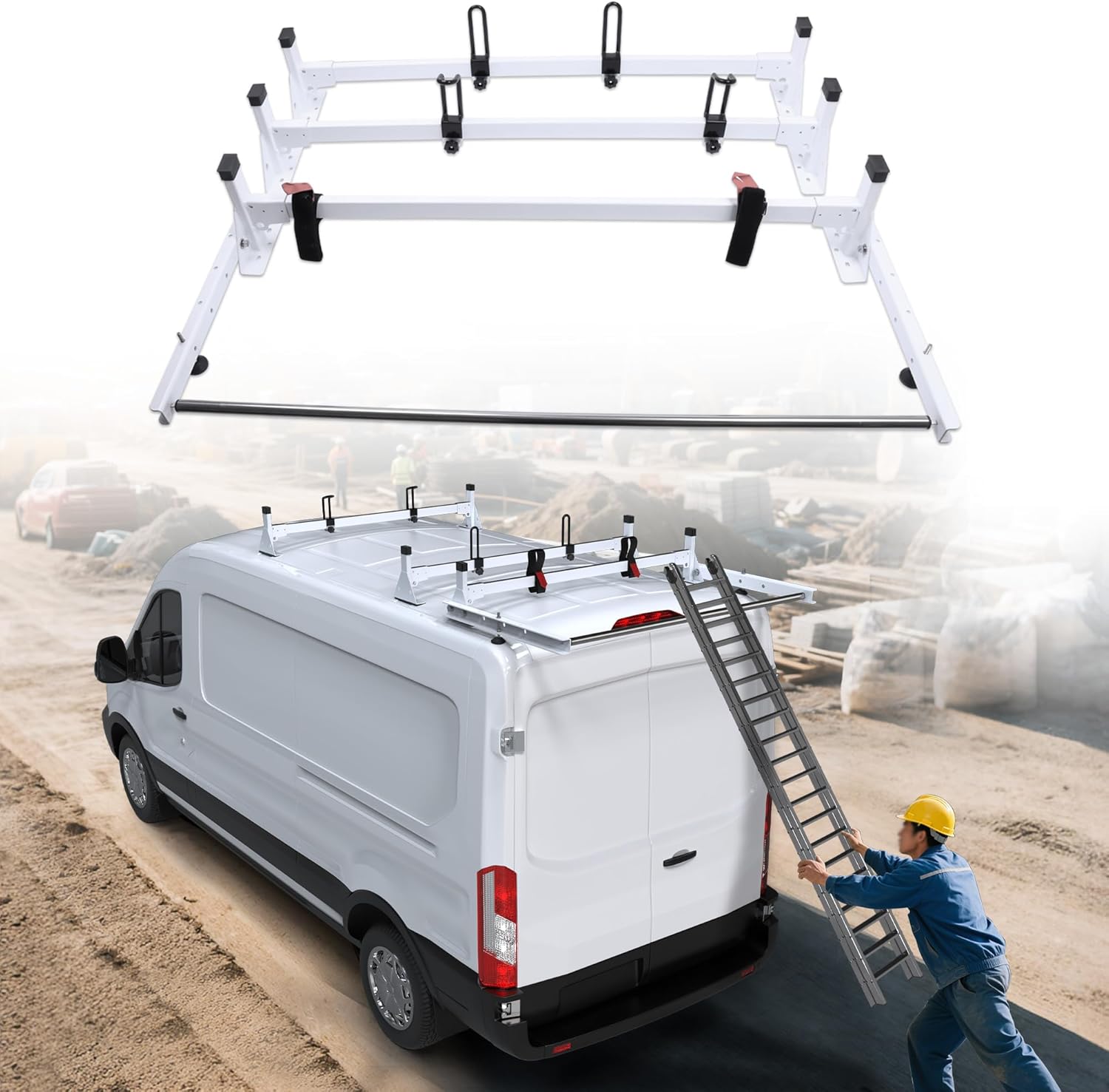 Van Ladder Rack with Rear Cargo Roller & Windshield Cover Fit for 2014-2025 Ford Transit 150, 250, 350