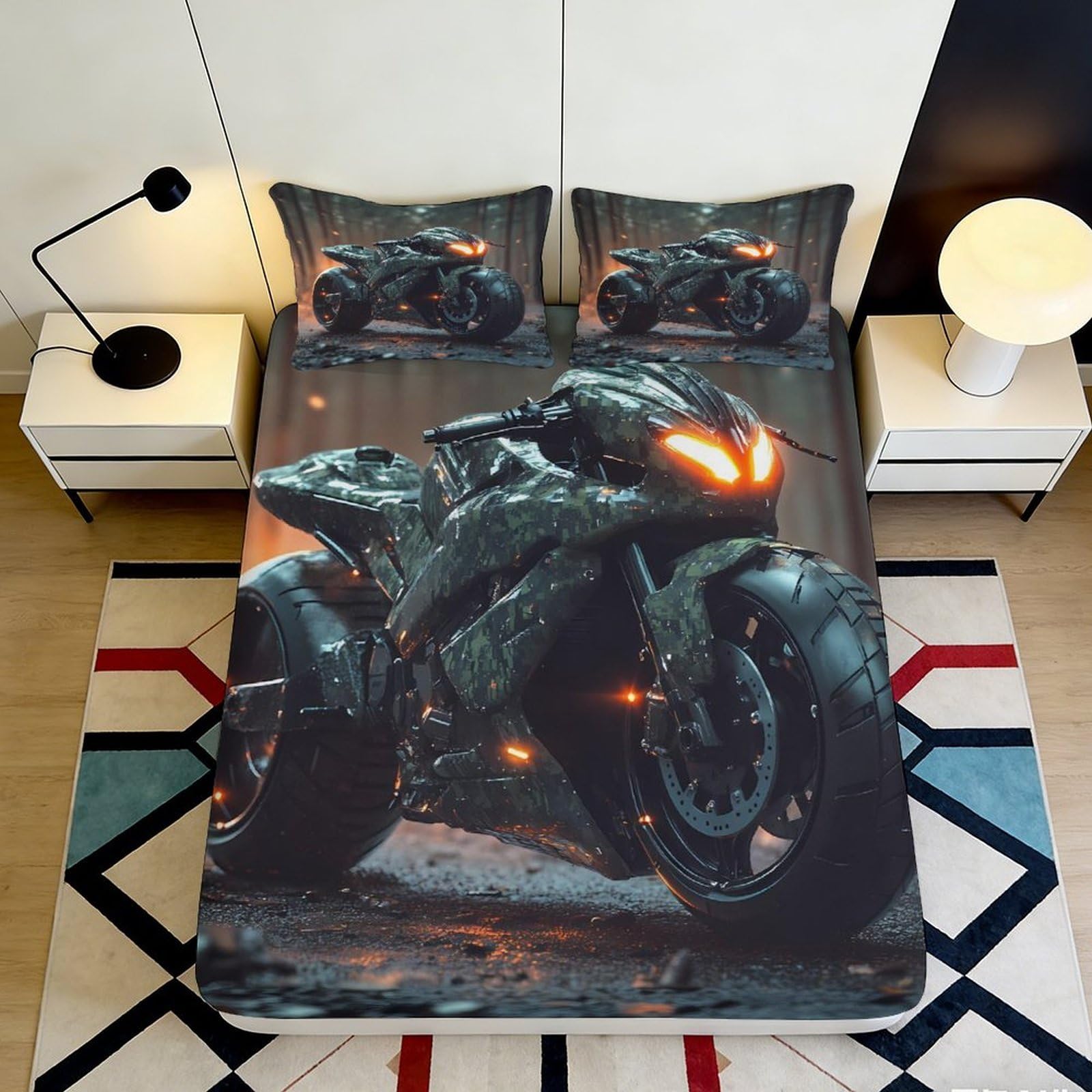 3D Printed Motorcycle Night City Fitted Sheet Microfiber Soft Breathable Urban Road Bed Cover for Bedroom Decor 90x200x25cm