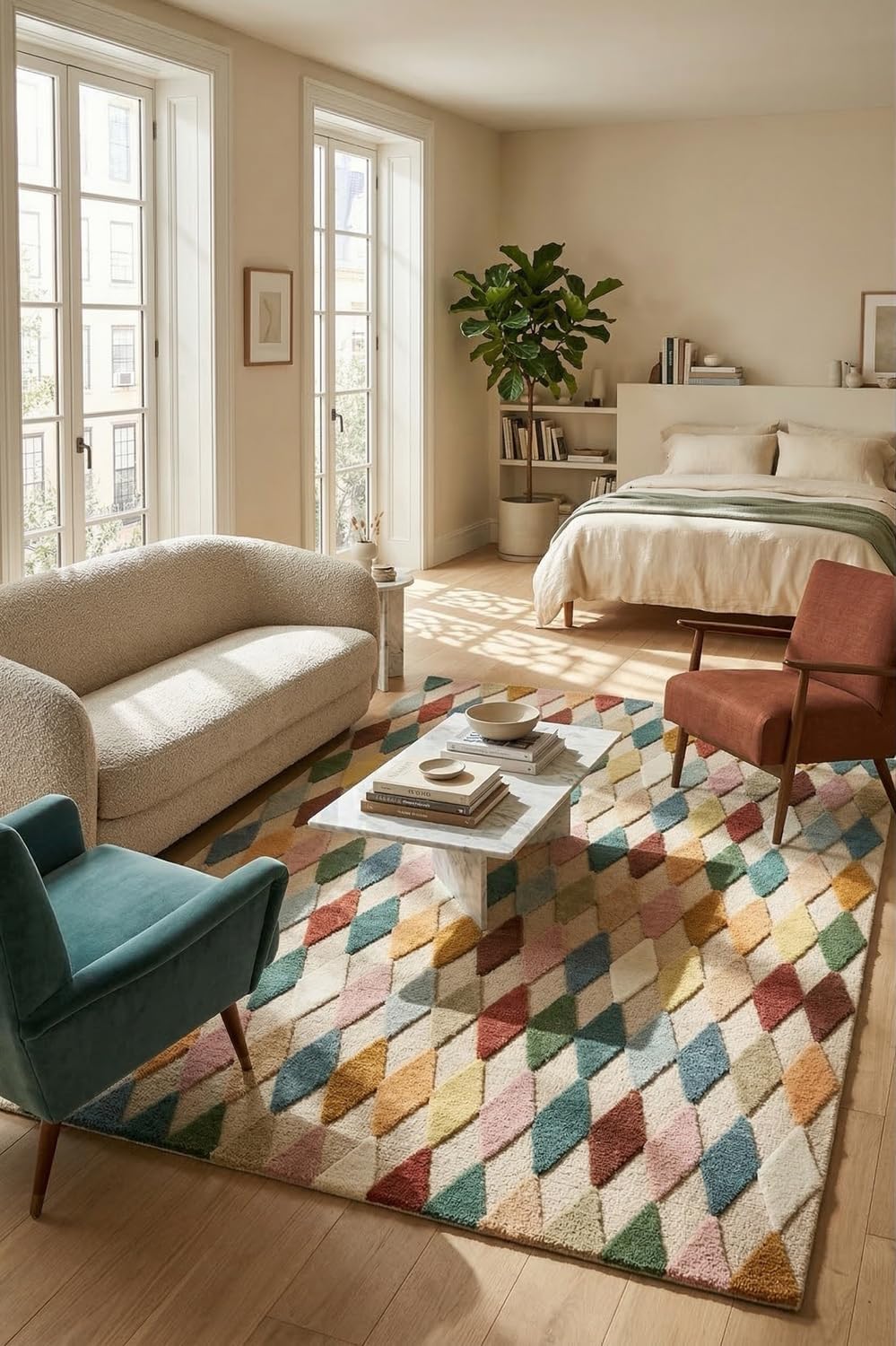 Hand-Tufted Wool Rug with Multicolor Diamond Pattern (8x8 Ft Square) - Modern Geometric Accent Rug for Living Room, Bedroom, or Office, Ivory Base