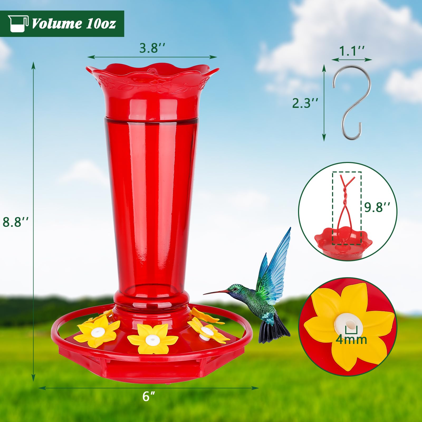 Gbekery Comederos de vidrio para colibríes para colgar al aire libre, a prueba de hormigas y abejas, color rojo, 10 onzas, paquete de 2 comederos para aves para colgar en exteriores, 5 estaciones
