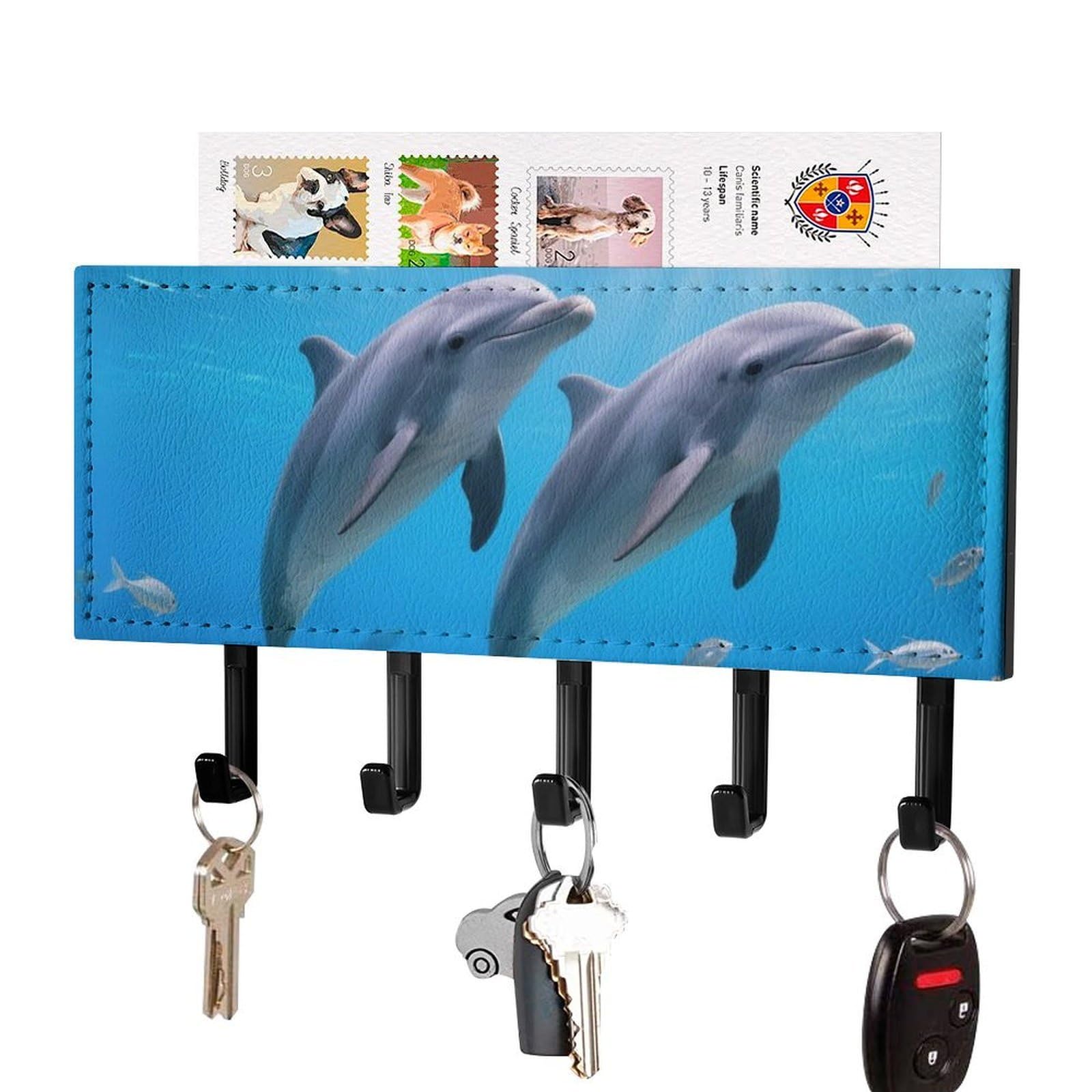 DWVTSLH Dolphin Key Holder for Wall, Decorative Key Hooks with Mail Organizer & 5 Hooks, Self Adhesive Leather Key Hanger for Entryway, Wall Mounted Key Rack (7.1” X 4.3” X 0.9”)