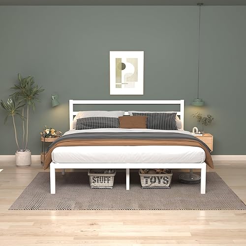 Miniatura 3 de Marco de cama tamaño King, plataforma de metal con cabecero, soporte de listones de metal fuerte, base de colchón, almacenamiento debajo de la cama,