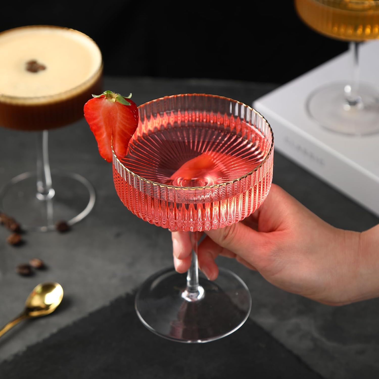 Coupe Glasses Set of 6, Cocktail Glasses 10 oz Classic Old Styling Martini Glass Set with Gift Box Packaging Elegant Hand Blown Martini Glasses for Cocktail, Champagne, Bar and Gift