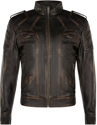 Mens Black Leather Biker Jacket Vintage Brando Motorcycle Quilted Fashion Jacket