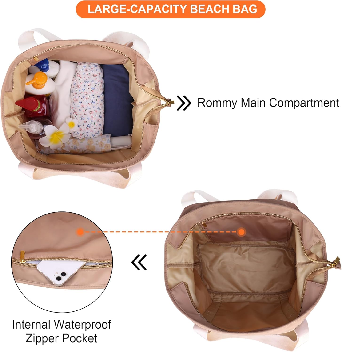 Lacdo Beach Bag for Women, Beach Tote Bag for Women Waterproof Sandproof Foldable Pool Bag for Travel Beach Vacation Pool