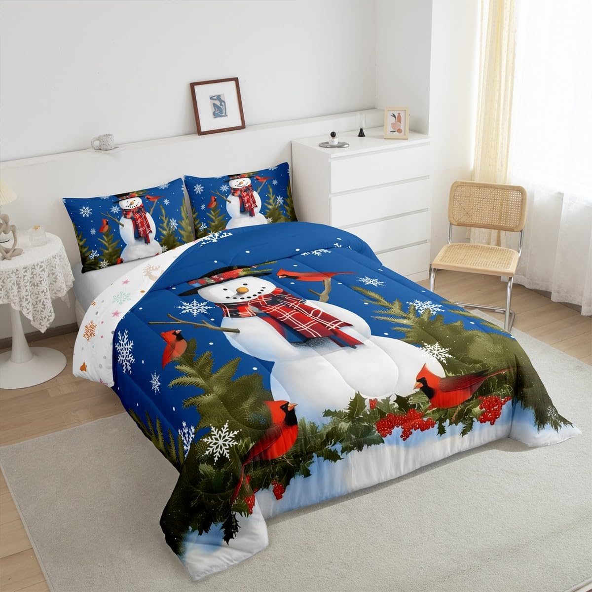 Feelyou Blue Christmas Snowman Comforter Set for Kids Boys Girls Merry Christmas Comforter Queen Size Xmas Tree Bedding Set Bedroom Decor Snowflake Duvet Set Quilt Set 3Pcs