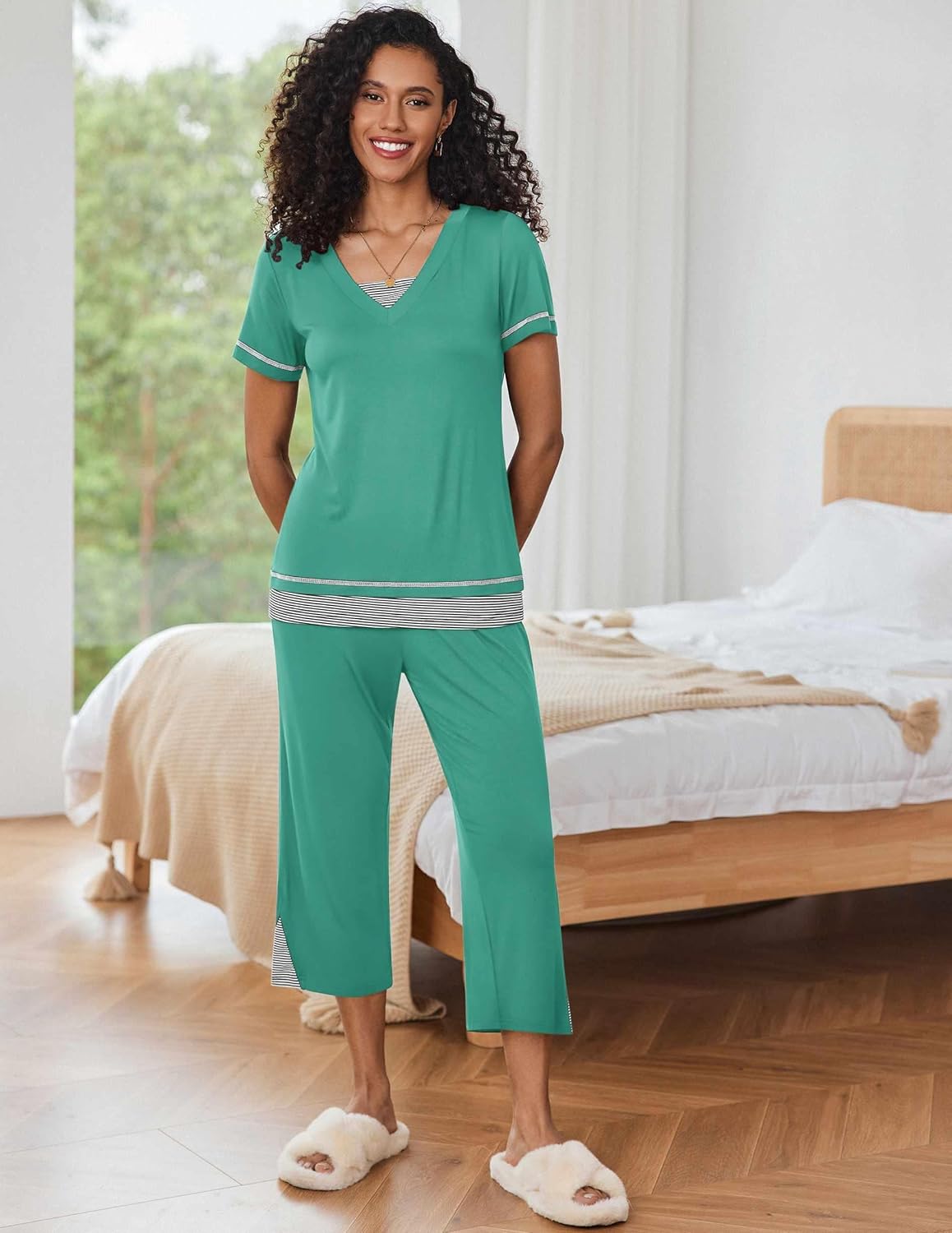 Ekouaer Capri Pajama Sets for Women Short Sleeve Tops Sleepwear Sleep Sets Pjs Sets Soft Two Piece Loungewear Sets - Image 2