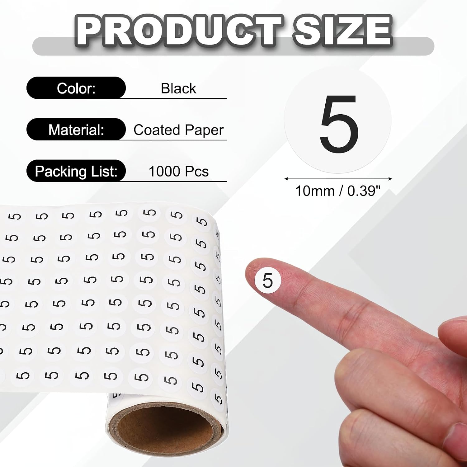 PATIKIL 1000pcs 0.4" Number Stickers, Mini Number 5 Sticker Numbers Labels Round Small Vinyl Self Adhesive Label Circle Decals 1 Roll Dots for Photo Album Poster Organize Inventory, Black