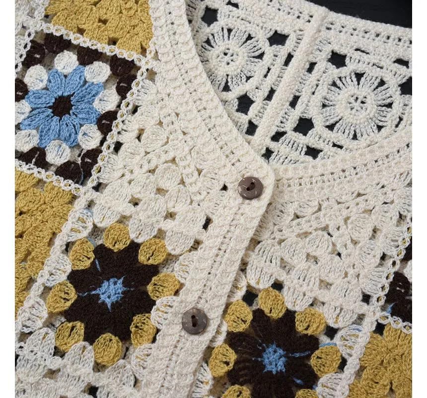 ICW Women Hollow Out Sleeveless V-Neck Floral Knitted Crochet Waistcoat Top Vest Cardigan Dn89 (IN, Alpha, S, Regular, Red) - Image 2 thumbnail