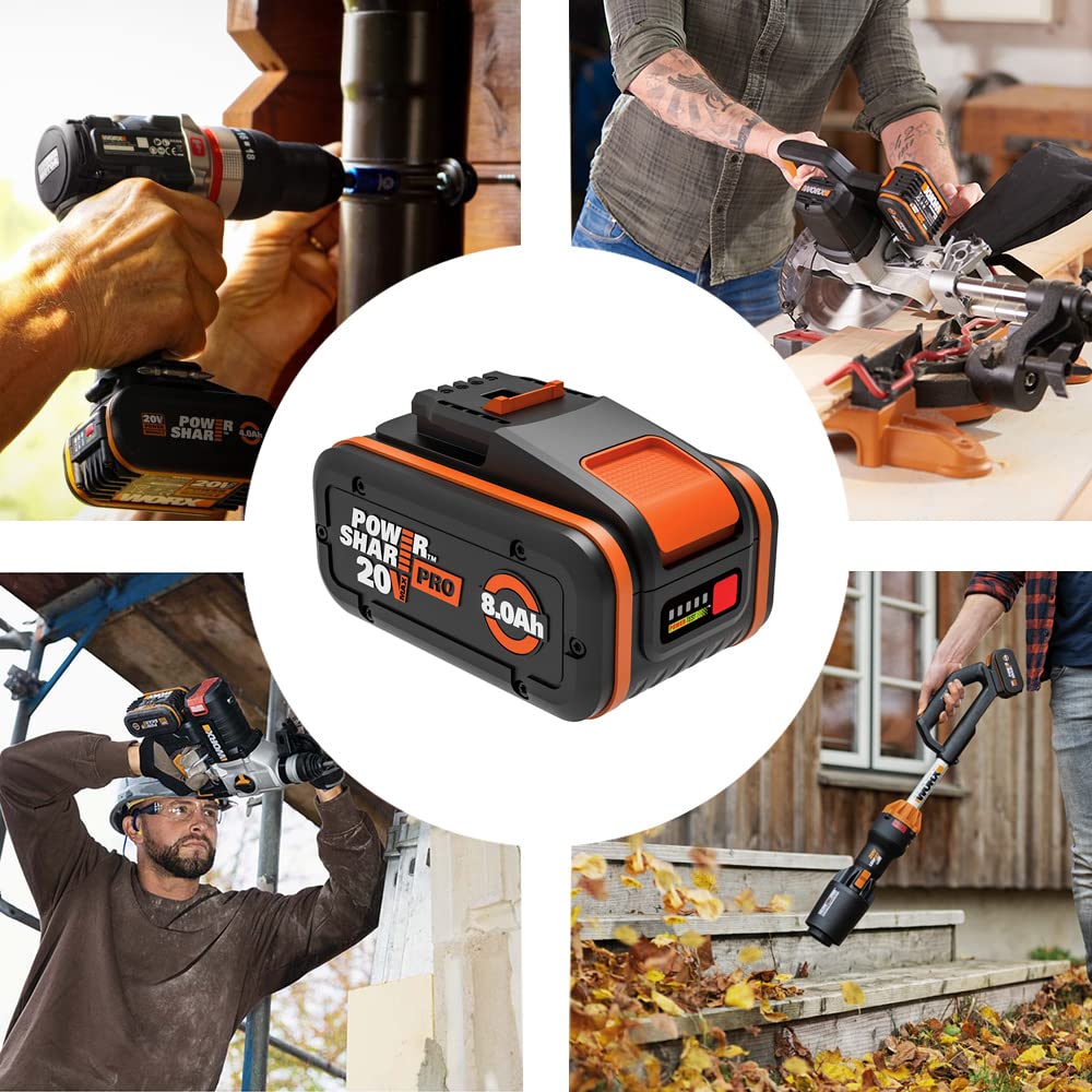 WORX - Batería Powershare Pro de Alta Capacidad (20 V, 8 Ah, WA3648 (con indicador de Nivel de Carga, Compatible con Todas Las Herramientas, 20 V/40 V/80 V)