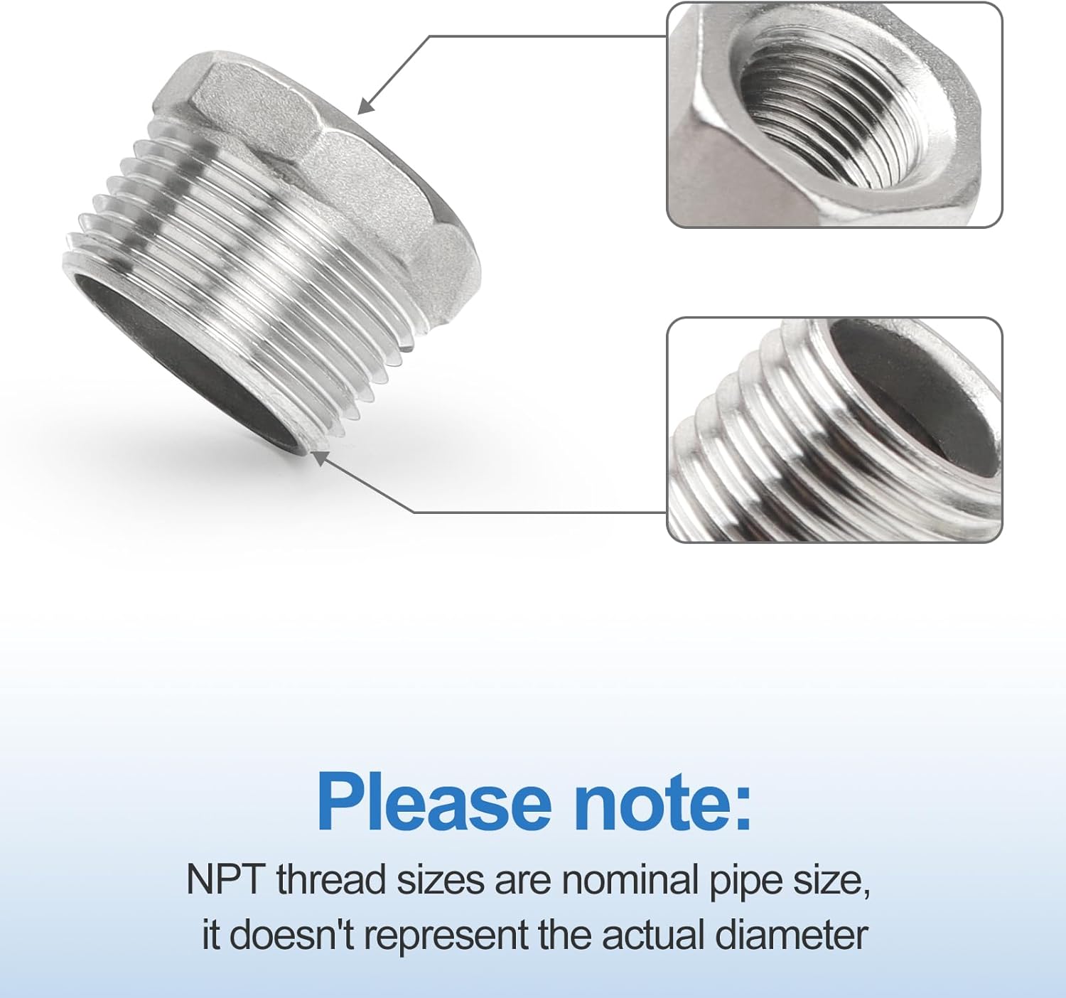 Kodilin 10PCS 304 Stainless Steel Reducer Hex Bushing, 1" NPT Male x 3/4" NPT Female, Reducing Pipe Fitting Adapter