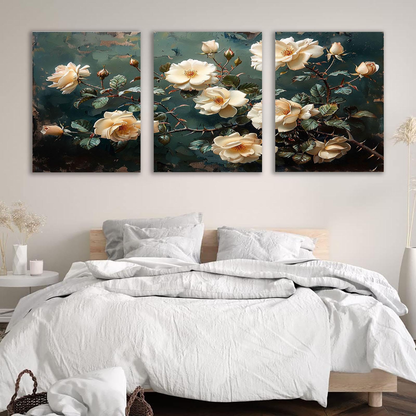 TZKRWRH Panorama Cuadro Personalizado Lienzo, Rosa con espinas Cuadros Para Cocina BañO Sala Comedor Oficina Pasillo-50x70cmx3 Enmarcado (Blanco roto,Verde 20)