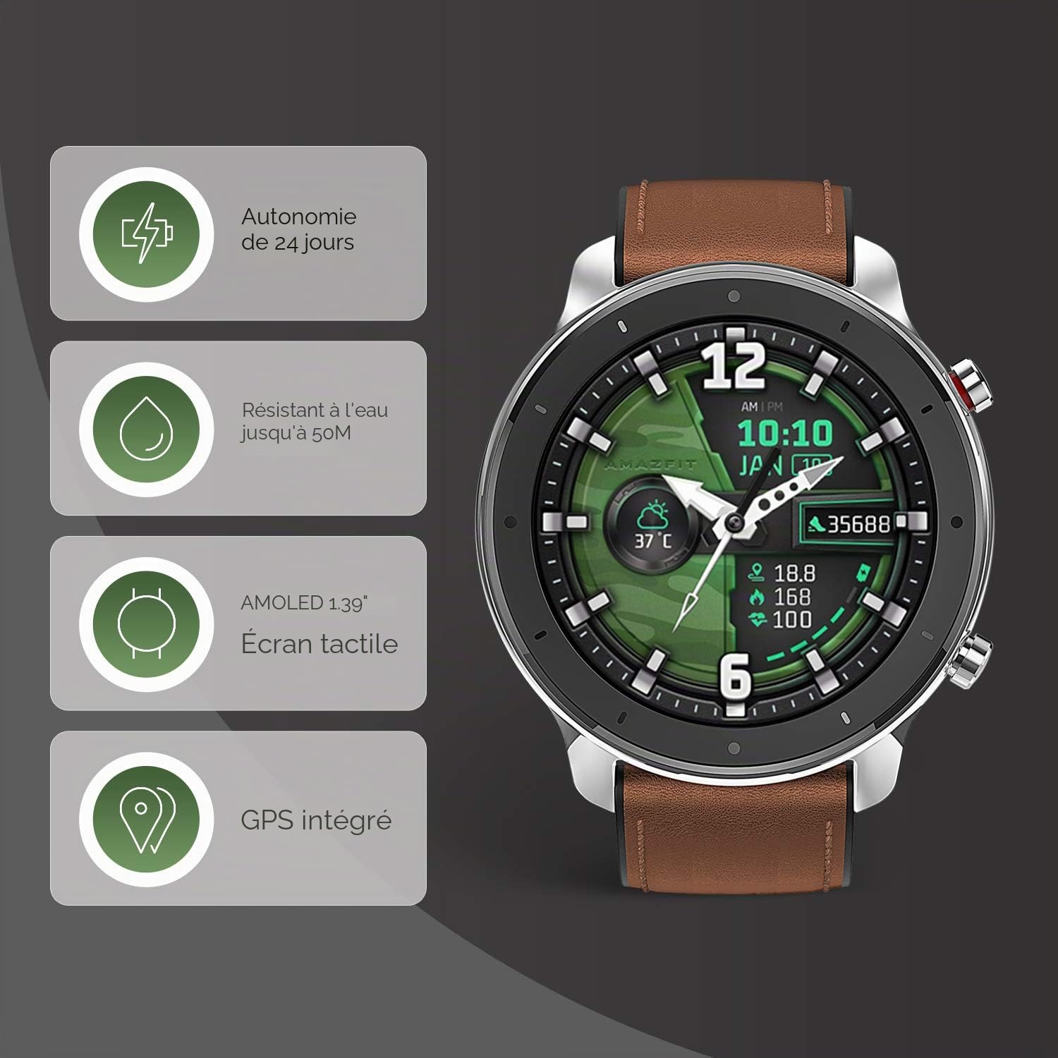 Amazfit GTR 47mm Montre Connectée Homme, 12 Jours d'autonomie, GPS, Tracker de Sommeil, Cardiofréquencemètre, 5 ATM Etanche, 12 Modes Sportifs(Aluminium )