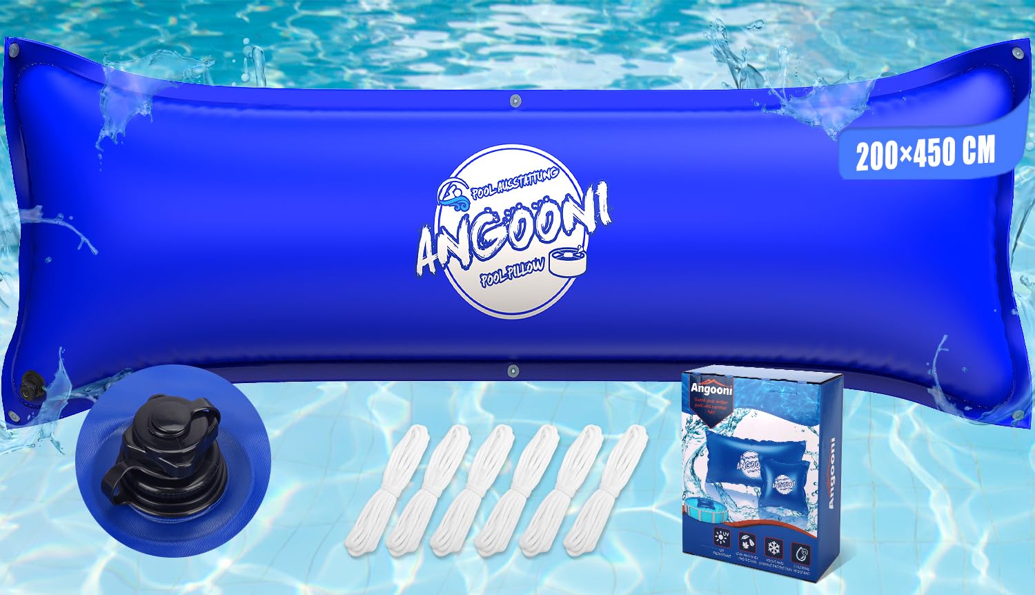Angooni Coussin de piscine d'hiver XXL - 200 x 450 cm - Double couture | Boston Valve de gonflage double 0,4 mm PVC résistant au froid indéchirable avec œillets cordes pour hivernage de piscine Bleu