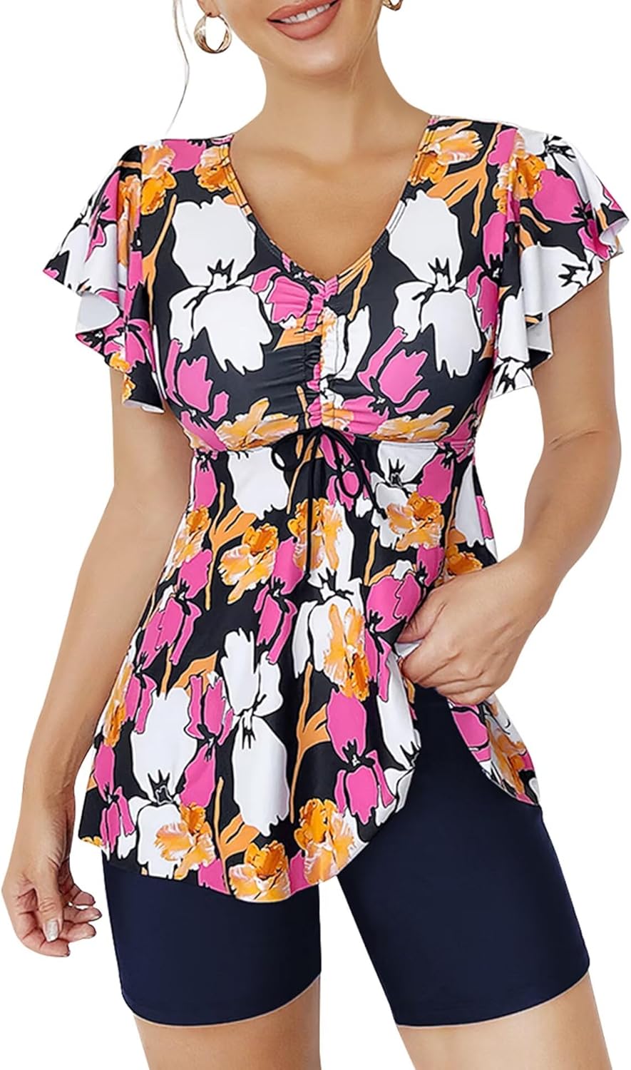 Womens Tankini Bathing Suits with Shorts High Waisted 2 Piece Swimsuit Modest Ruffled Short Sleeve Swim Suit