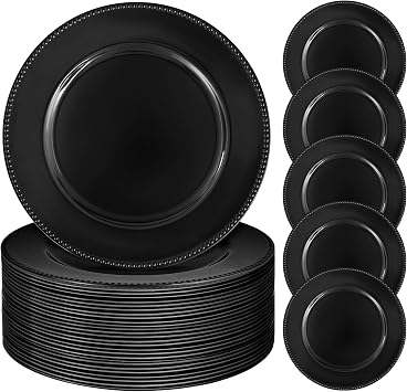 24 Pcs Black Charger Plates Bulk, 13" Round Beaded Plate Chargers for Dinner Plates, Decorative Dinner Chargers Plastic Table Chargers for Wedding Holiday Party Baby Shower Event Decoration Black