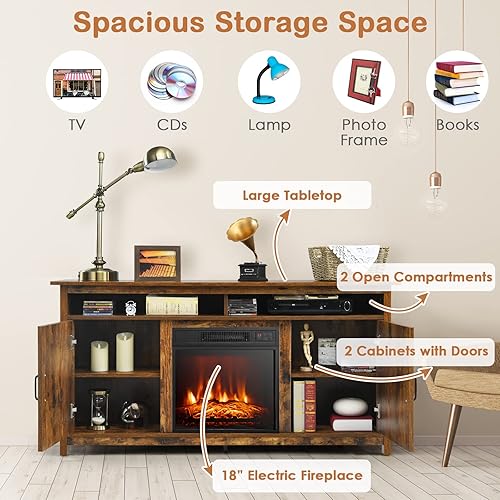 Miniatura 8 de Tangkula Soporte de TV con inserto de chimenea de 18 pulgadas, soporte de TV para chimenea de 58 pulgadas para televisores de hasta 65 pulgadas,