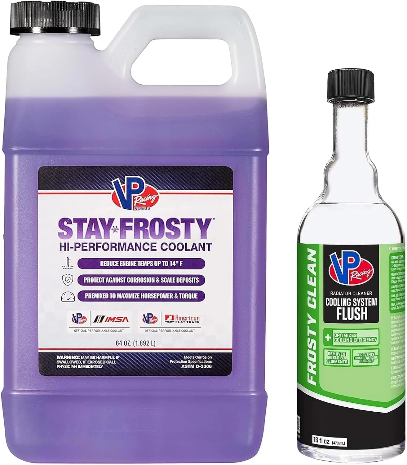 VP Racing 2301 + 208816 - Stay Frosty Race-Ready Coolant with 100% Water-Based Formula, 64 Ounces and Frosty Clean Cooling System Cleaner & Flush, 16 Ounces