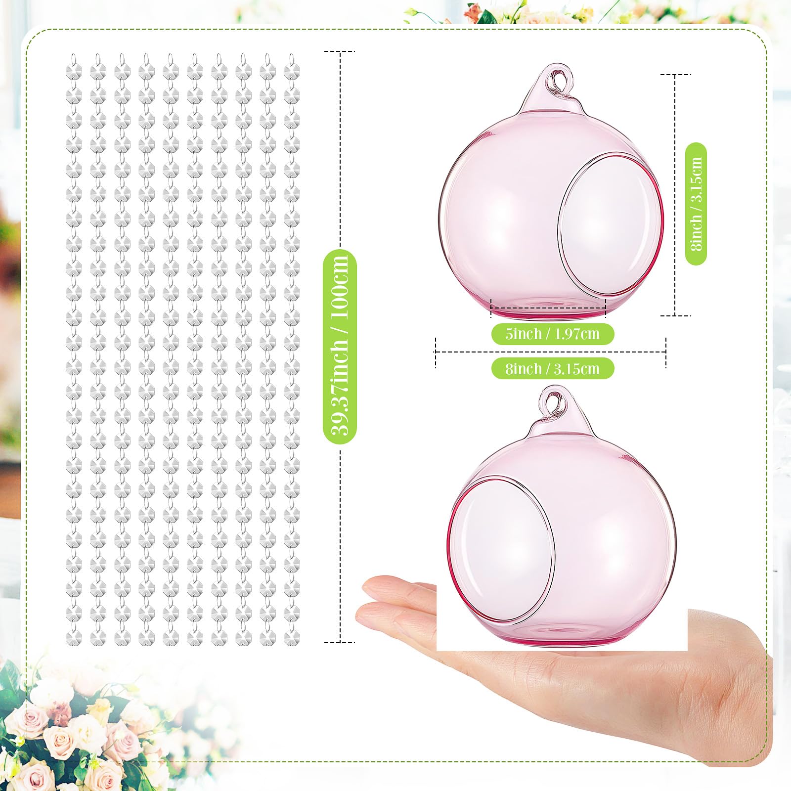 GlikCeil Lot de 17 photophores en verre à suspendre en forme de globe et guirlande de cristaux K9 transparents pour décoration de fête de mariage 8,9 cm